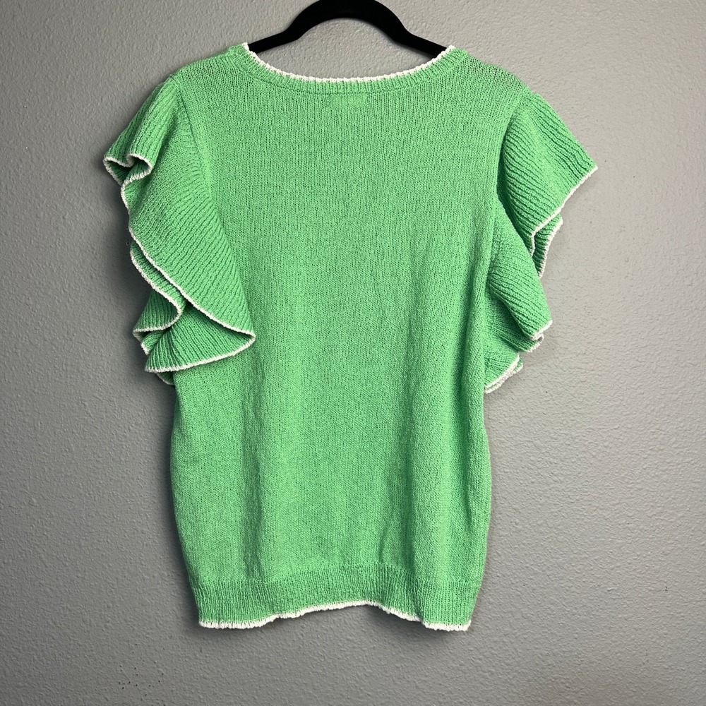 Jodifl Green Ruffle Sleeve Sweater Open Knit Top White Trim Summer Casual Medium - Picture 5 of 10